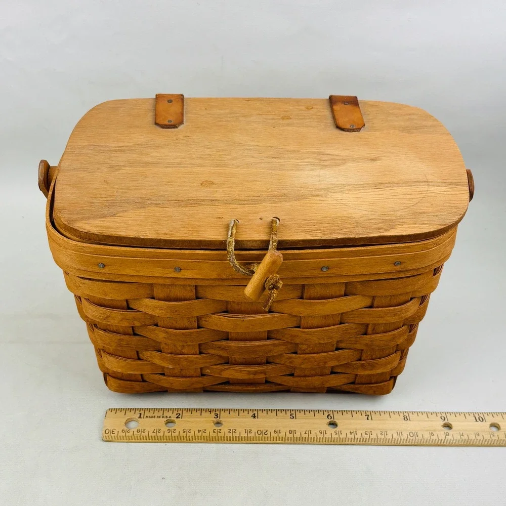 Vintage Longaberger Small Wood Picnic Basket Moving‎ Handle Brown Handwoven 1991